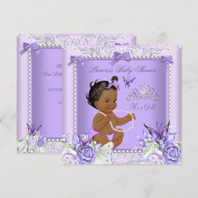Afroamerikanisches Lavendel-Gray-Baby-Duschmädchen Einladung (Vorne/Hinten)