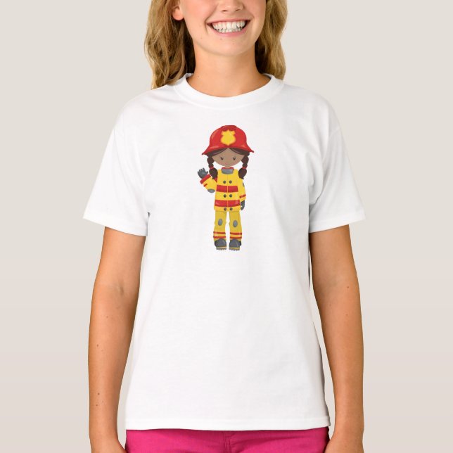 Afroamerikanisches Mädchen, Girl Fireman, Feuerweh T-Shirt (Vorderseite)