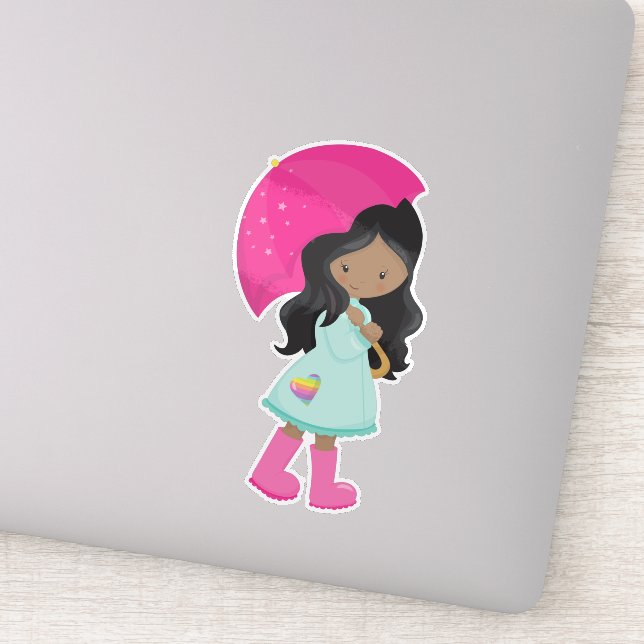 Afroamerikanisches Mädchen, Regen, Regenmantel, Re Aufkleber (Detail)