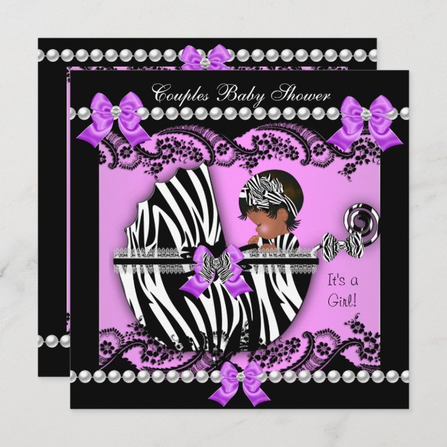 Afroamerikanisches Paar Baby Shower Girl Zebra Einladung (Vorne/Hinten)