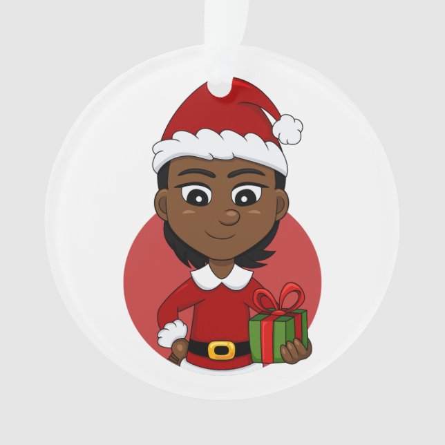 Afroamerikanisches Weihnachtsmädchen mit kurzen Ha Ornament (Vorderseite)