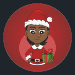 Afroamerikanisches Weihnachtsmädchen mit kurzen Ha Runder Aufkleber<br><div class="desc">Runde Aufkleber mit einer Illustration eines niedlich lächelnden afroamerikanischen Mädchens mit kurzem schwarzem Haar trägt das Mädchen ein Weihnachtskostüm mit einem roten Hut und hält ein Geschenk; in einem roten Kreis auf rotem Hintergrund</div>