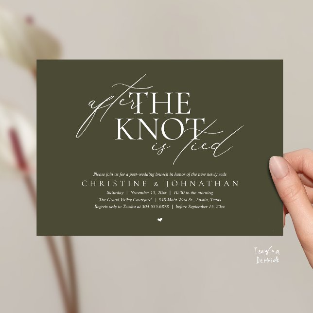 After The Knot Tied, Post Wedding Elopement Brunch Einladung (After The Knot Tied, Post Wedding Elopement Brunch Invitation card contemporary clean olive green)