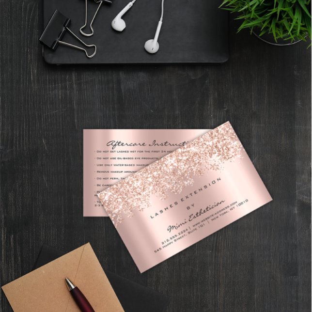 Aftercare Instruction Lash Rose Gold Glitzer Spark Visitenkarte (Aftercare Instruction Lash Rose Gold Glitter Spark Business Card)