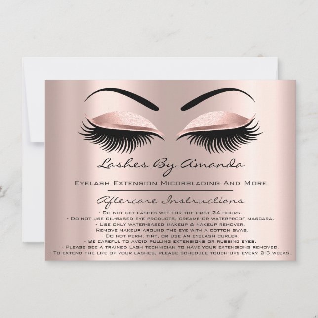 Aftercare Instructions Lashes Rose Brows Makeup Einladung (Vorderseite)