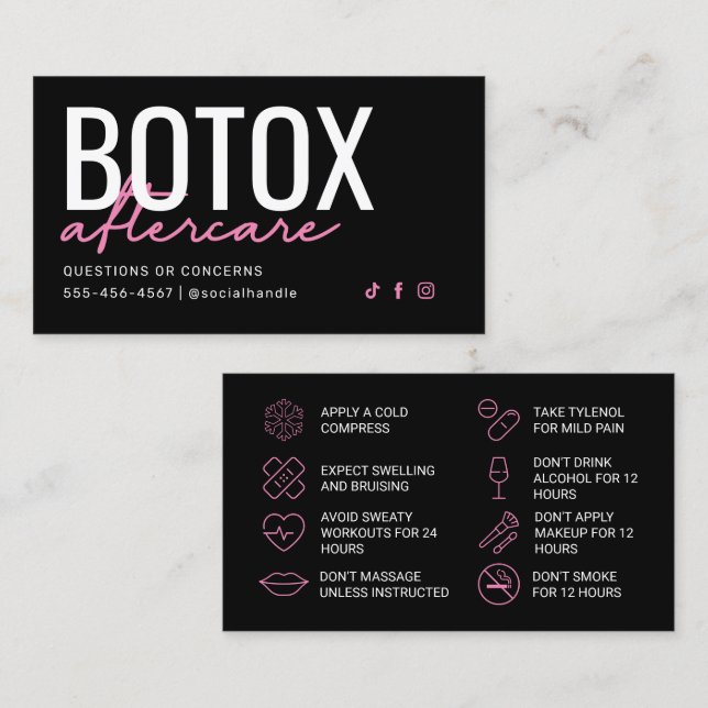 Aftercare-Karte Rosa und Schwarzes Botox Visitenkarte (Vorne/Hinten)
