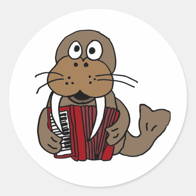 AG - Funny Walrus Playing Accordion Cartoon Runder Aufkleber (Vorderseite)