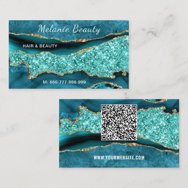 Agate Aqua Blue Türkise QR Code Business Card Visitenkarte (Vorne/Hinten)