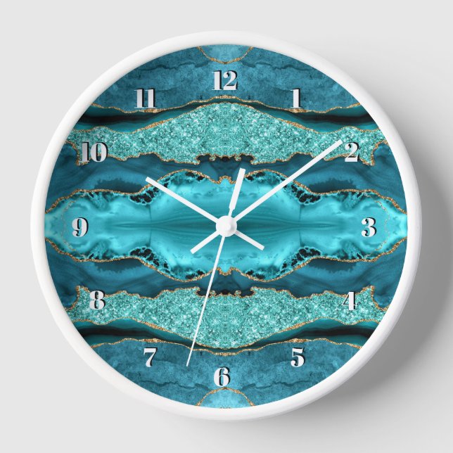 Agate Aquamarin Blue Gold Aqua Türkische Wall Uhr (Vorderseite)