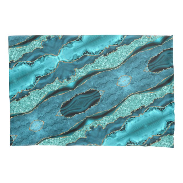 Agate Aquamarin Blue Gold Aqua Turquoise Pillow Ca Kissenbezug (Vorderseite)