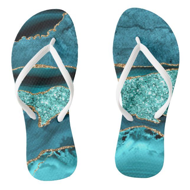 Agate Aquamarin Blue Gold Glitzer Marbella Aqua Flip Flops (Fußbett)