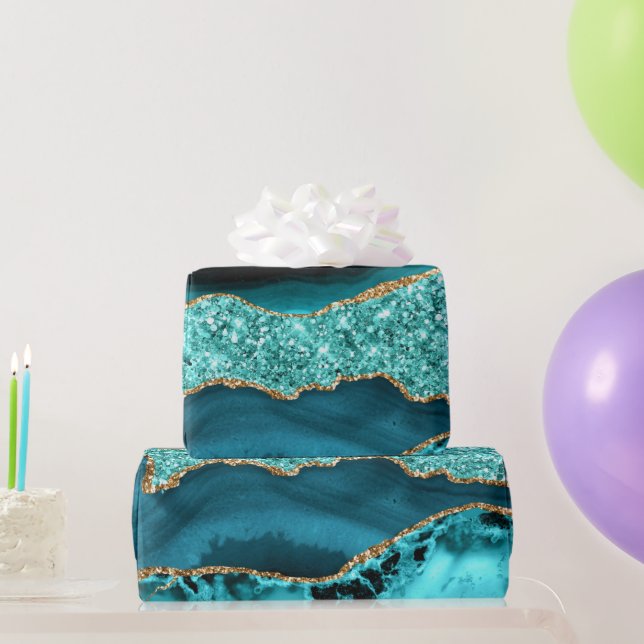Agate Aquamarin Blue Gold Glitzer Marbella Aqua Geschenkpapier (Partygeschenke)