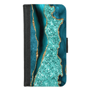 Agate Aquamarin Blue Gold Glitzer Marbella Aqua iPhone 8/7 Geldbeutel-Hülle
