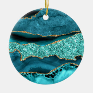 Agate Aquamarin Blue Gold Glitzer Marbella Aqua Keramik Ornament