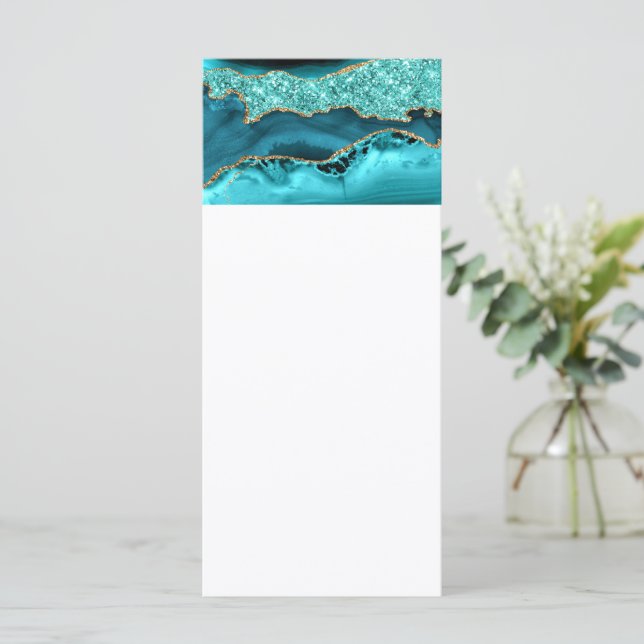 Agate Aquamarin Blue Gold Glitzer Marbella Aqua Menükarte (Stehend Vorderseite)