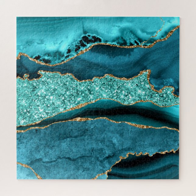 Agate Aquamarin Blue Gold Glitzer Marbella Aqua Puzzle (Horizontal)