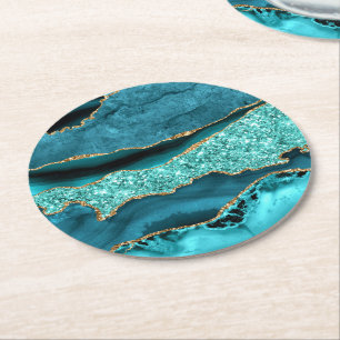 Agate Aquamarin Blue Gold Glitzer Marbella Aqua Runder Pappuntersetzer