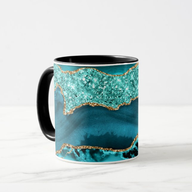 Agate Aquamarin Blue Gold Glitzer Marbella Aqua Tasse (Vorderseite Links)