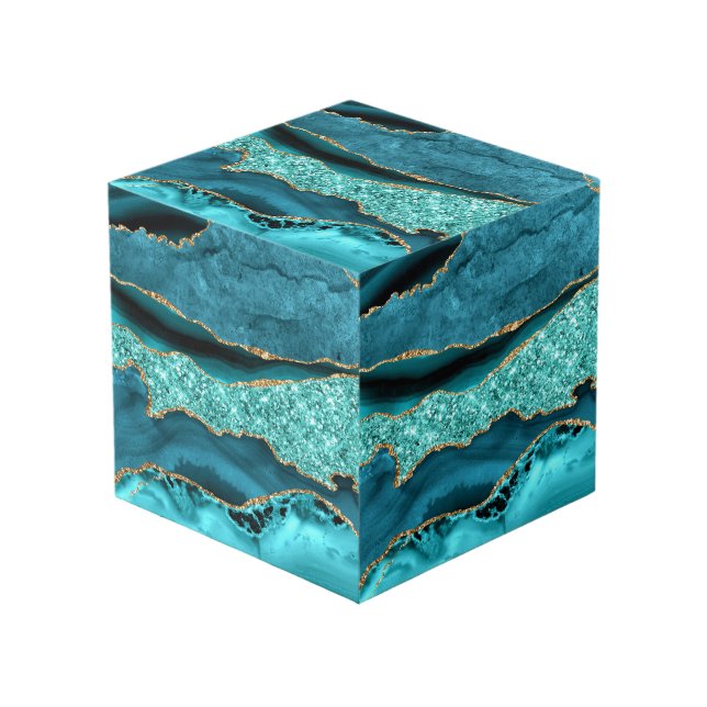 Agate Aquamarin Blue Gold Glitzer Marbella Aqua Würfel (Vorderseite Schrägansicht)