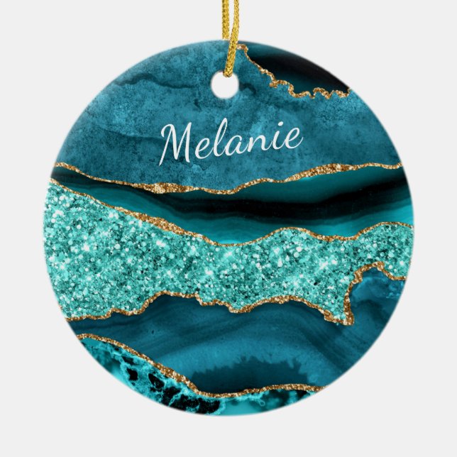 Agate Aquamarin Blue Gold Individuelle Name Aqua T Keramik Ornament (Vorne)