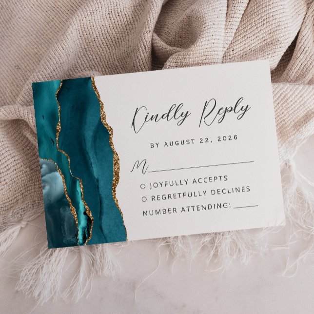 Agate Aquamarin Blue Gold Moderne Script Wedding RSVP Karte (Von Creator hochgeladen)