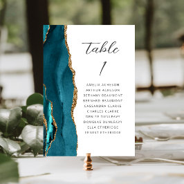 Agate Aquamarin Blue Gold Moderne Script Wedding Tischnummer