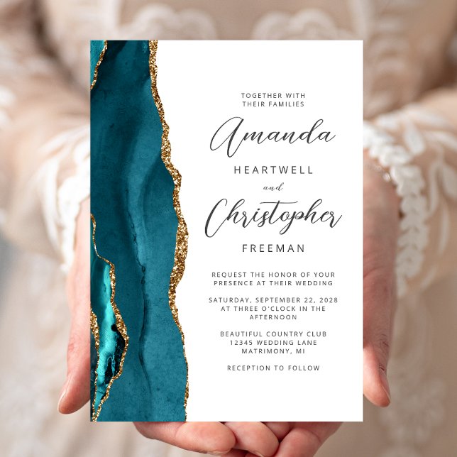 Agate Aquamarin Blue Gold Script Wedding Einladung (Von Creator hochgeladen)