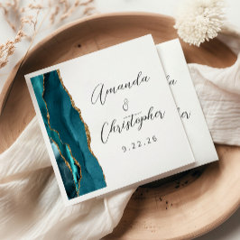 Agate Aquamarin Blue Gold Script Wedding Serviette