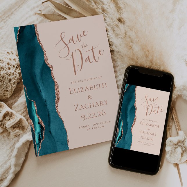 Agate Aquamarin Blue Rose Gold Blush Save the Date Einladung (Von Creator hochgeladen)