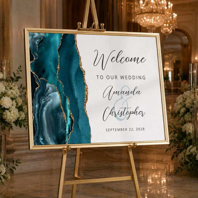 Agate Aquamarin Gold Script Wedding Willkommen Poster (Von Creator hochgeladen)