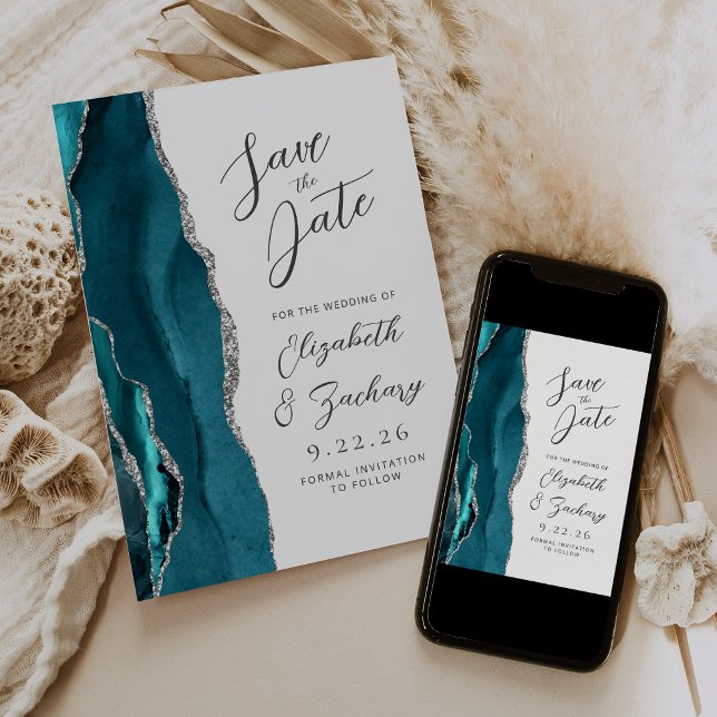 Agate Aquamarin Silver Modern Script Wedding Save The Date (Von Creator hochgeladen)