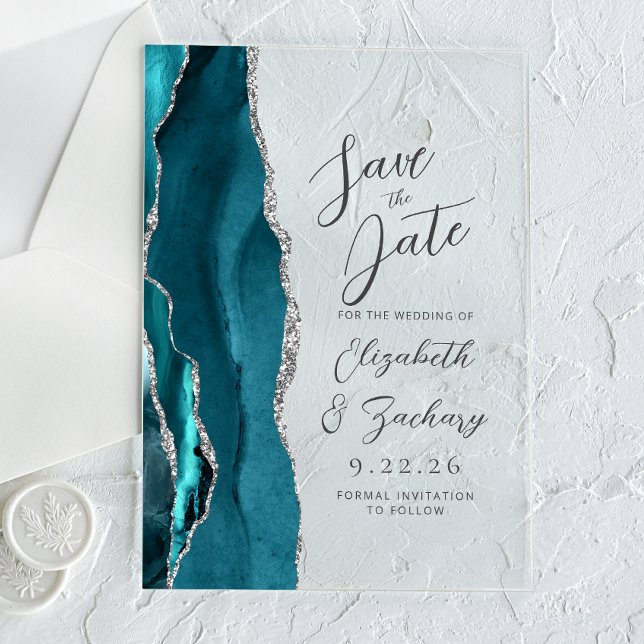 Agate Aquamarin Silver Script Wedding Save the Dat Acryleinladungen (Von Creator hochgeladen)