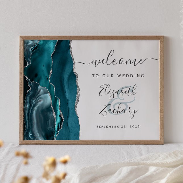 Agate Aquamarin Silver Script Wedding Willkommen Poster (Von Creator hochgeladen)