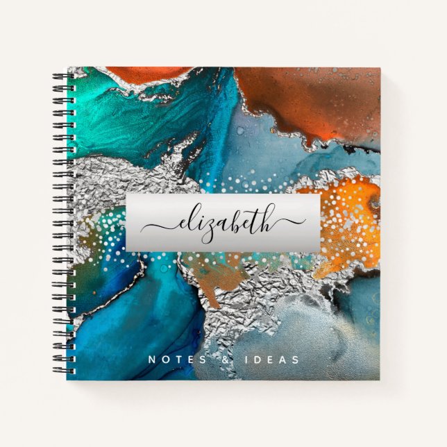 Agate Aquarell Silber türkis orange Quadrat Notizbuch (Vorderseite)