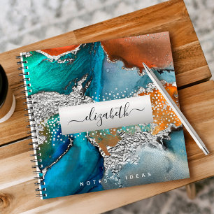 Agate Aquarell Silber türkis orange Quadrat Notizbuch