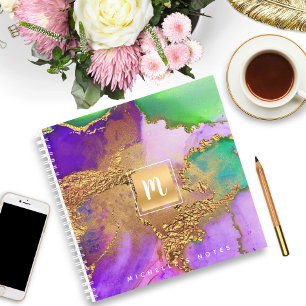 Agate Aquarellgold lila Aqua-Monogramm Notizbuch