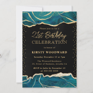 Agate Birthday Party aquamarin und Gold Glitzer Einladung