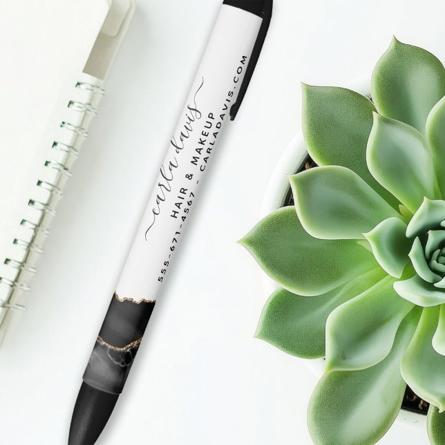 Agate Black and Gold Marmor Script Salon Kugelschreiber (Von Creator hochgeladen)