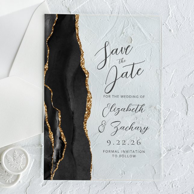Agate Black Gold Moderne Script Hochzeit Acryleinladungen (Von Creator hochgeladen)