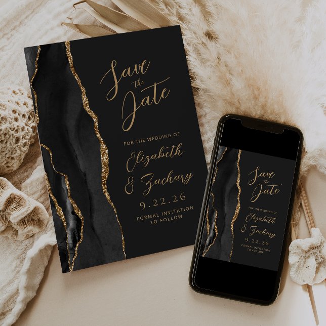 Agate Black Gold Script Dark Wedding Save The Date (Von Creator hochgeladen)