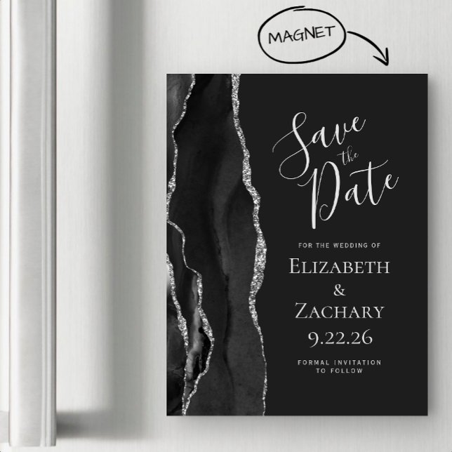 Agate Black Silver Dark Magnetic Save the Date Magnetkarte (Von Creator hochgeladen)