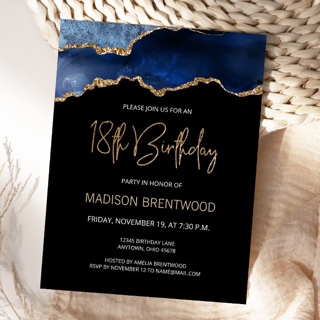 Agate Blue Gold 18. Geburtstag Einladung Postkarte (Von Creator hochgeladen)