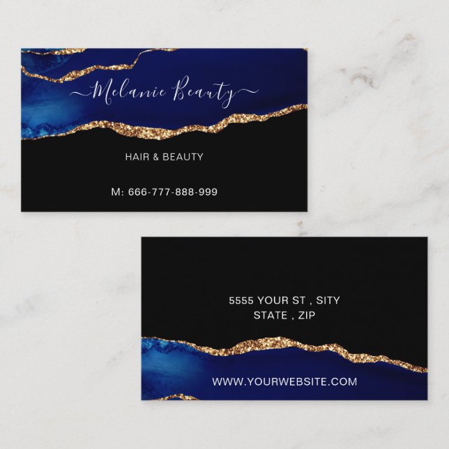 Agate Blue Gold Custom Business Card Schönheit Visitenkarte (Vorne/Hinten)