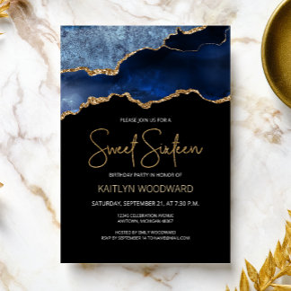 Agate Blue Gold Dark Sweet 16 Geburtstagsparty Einladung