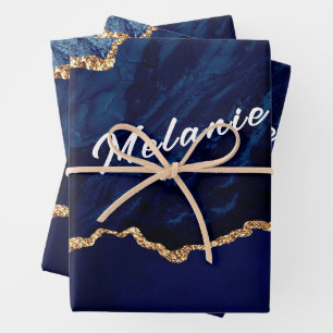Agate Blue Gold Wrapping Paper Sheets - Ihr Name Geschenkpapier Set