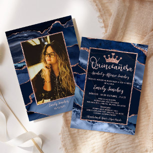 Agate Blue Rose Gold Quinceñera Foto Spanisch Einladung