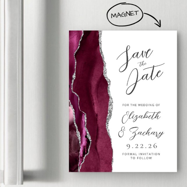 Agate Burgund Silber Schrift Save-the-Date-Karte Magneteinladung (Von Creator hochgeladen)