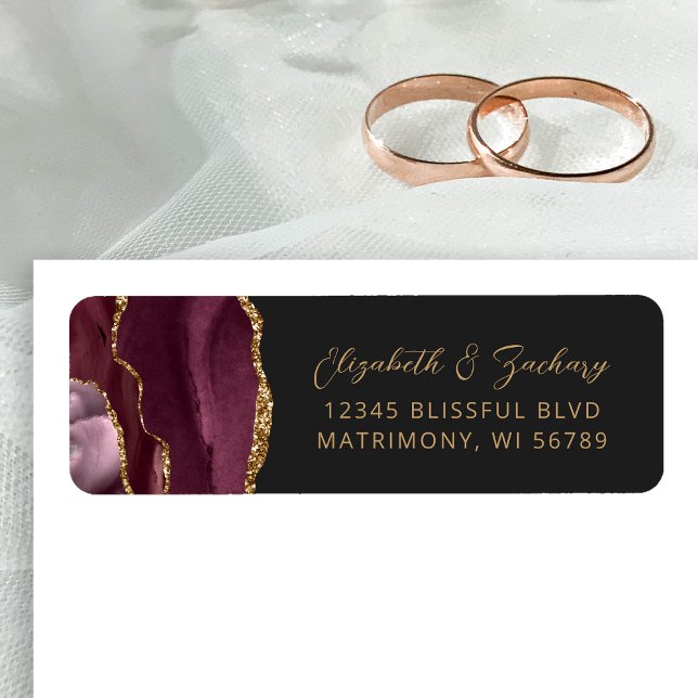 Agate Burgundy Gold Dark Wedding Rücksendeadresse (Von Creator hochgeladen)