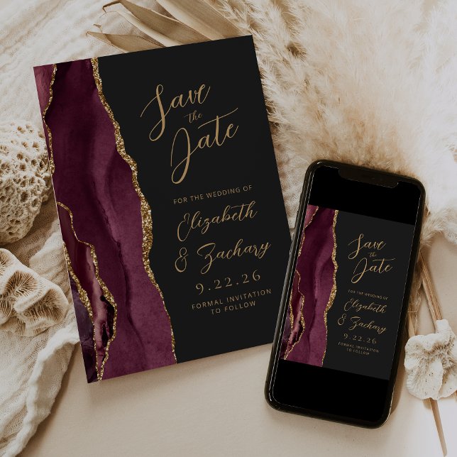 Agate Burgundy Gold Dark Wedding Save the Date (Von Creator hochgeladen)