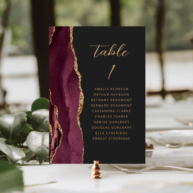 Agate Burgundy Gold Modern Script Dark Wedding Tischnummer (Von Creator hochgeladen)